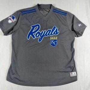 True Fan Kansas City Royals MLB Baseball Jersey‎ Mesh V-Neck Size L Grey Blue
